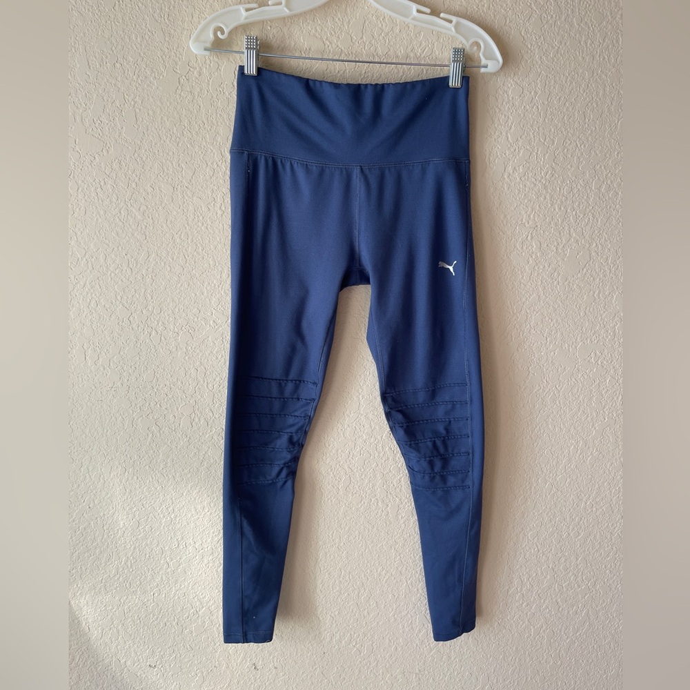 Puma Motto Tights Sz M Gray Athletic Skinny Pants Articulated Knees Logo Womens